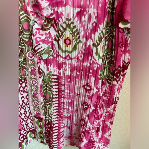 Liz & Me Pink Boho Paisley Pleated Crepe Ruffle Trim Button Up Blouse 0X 14/16 - Picture 3 of 6